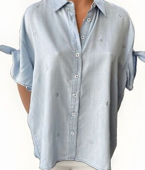 Womens Blue Embroidered Celestial Lyocell Top Size S Soft Shirt